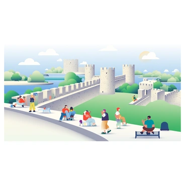 A panoramic view of Kalemegdan Fortress is depicted with ancient stone walls and towers stretching across the landscape. The walls are weathered, showcasing their historical significance, and there are patches of greenery growing in the crevices. Various people are strolling leisurely along the fortress walls, some taking photographs while others are engaged in conversation. A couple is sitting on a bench, enjoying the view of the surrounding park and the river below. In the distance, a clear blue sky complements the vibrant atmosphere of the scene.