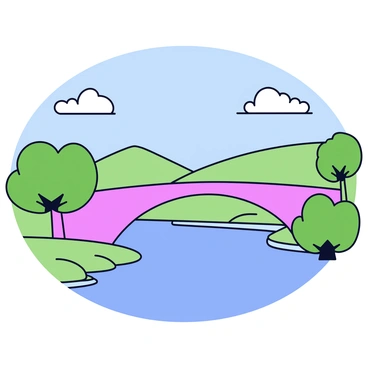 A scenic bridge over a river, constructed in the shape of large parentheses. The bridge features smooth, curved lines that mimic the elegant form of the symbols. The river beneath flows gently, with a clear reflection of the bridge's unique design. Lush greenery lines the riverbanks, enhancing the natural setting. In the distance, there are rolling hills that add depth to the scene. The sky is blue with a few fluffy white clouds scattered above.