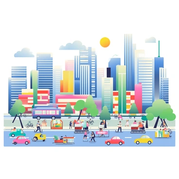 A bustling cityscape is filled with numerous skyscrapers of varying heights, designed with colorful facades of glass and concrete. The streets below are busy with cars, buses, and bicycles, each painted in bright colors. Pedestrians are walking along the sidewalks, some carrying shopping bags and others chatting with friends. Street vendors have small stalls set up, selling snacks and drinks. Trees line the streets, providing patches of greenery among the urban environment. In the sky, a few fluffy clouds drift by, and a bright sun shines down over the lively scene.