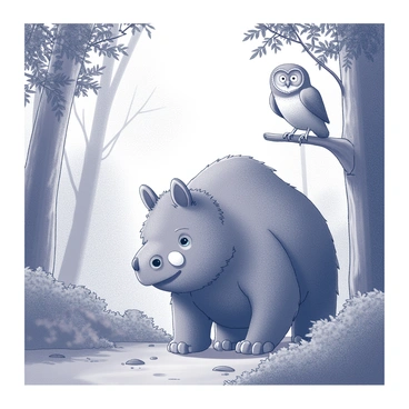 A large, mythical creature known as "the Gruffalo" stands on the forest floor, its features characterized by a rugged, textured appearance. Nearby, an owl with large, round eyes is perched on a thick branch, seamlessly integrated into the surrounding foliage. The owl's head is turned slightly, observing the Gruffalo below. The forest is densely packed with trees and underbrush, providing a natural habitat. The light filters through the leaves, creating a mixture of shadows and highlights that enhance the scene's depth and complexity.