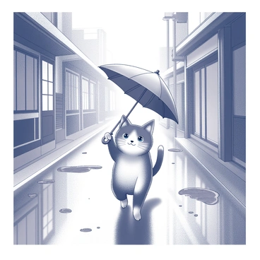 A cat walking down a wet street in Japan. The cat is holding a tiny umbrella with its paw, providing cover from the rain. Puddles form on the pavement, reflecting the surroundings. The street is lined with traditional Japanese buildings featuring sliding doors and wooden façades. Raindrops can be seen falling, creating ripples in the puddles. The atmosphere conveys a sense of the bustling urban environment, with the cat confidently navigating the rainy scene.