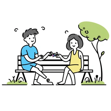 Two friends are sitting on a wooden park bench in a green park. One friend, wearing a light blue t-shirt and denim shorts, is holding a colorful, woven friendship bracelet in their hand. The other friend, dressed in a yellow sundress, is smiling as they receive the bracelet. Nearby, there are small patches of wildflowers and a few trees providing shade. A gentle breeze rustles the leaves above them.