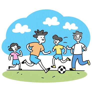 A young boy with spiky black hair, wearing an orange and blue soccer jersey, is running with a soccer ball at his feet. He is surrounded by three friends, all smiling and actively participating in the game. One friend, a girl with long brown hair in a ponytail, is preparing to kick the ball. Another friend, a boy with short blonde hair, is jumping excitedly. The third friend, a boy with glasses, is standing ready to defend. The scene is set on a green soccer field under a bright blue sky filled with fluffy white clouds. Sunlight casts distinct shadows on the grass, emphasizing the joyful atmosphere of a summer day.