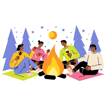 A group of five friends sitting on colorful blankets around a bonfire. The fire is bright orange and yellow with flames crackling and dancing. In the center, a small fireball hovers above the ground, glowing softly with a warm light. The friends are smiling and wearing casual clothes, with two holding marshmallows on sticks. A few trees can be seen in the background, silhouetted against the night sky filled with stars. One friend is playfully tossing a log into the fire, while another leans back, enjoying the warmth.
