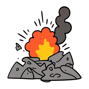 A fireball exploding on impact in a rocky landscape. The explosion causes a large burst of flames in shades of orange and yellow, with sparks flying outward. Thick, dark smoke billows into the air, swirling around the rocky terrain. The rocks are various shades of gray and brown, scattered and jagged, with some debris being thrown into the air from the force of the explosion. The scene is dynamic, capturing the raw energy of the fireball's impact.