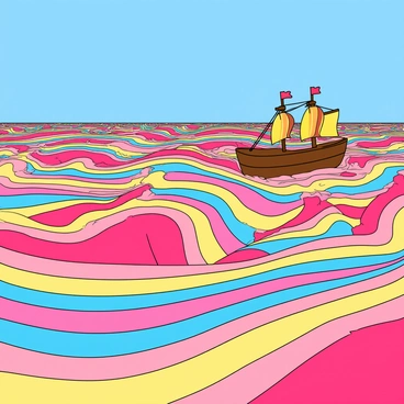 A vast ocean made entirely of colorful candy appears to stretch endlessly. The water is a swirl of vibrant hues, including bright pinks, deep blues, and sunny yellows, resembling a sweet confection. Small candy waves rise and fall gently, creating a playful, whimsical scene. A whimsical ship, designed to look like a giant candy bar, sails gracefully across the sugary sea. The ship has a chocolate-colored hull with candy cane masts and a bright gumdrop sail. The sky above is a clear blue, enhancing the colorful candy ocean below.
