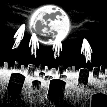 Transparent ghostly figures are hovering just above the ground in an abandoned graveyard. The figures are semi-transparent and have an ethereal quality, with soft, flowing edges. The graveyard is filled with weathered tombstones, some leaning and others cracked, with faint engravings visible. Tall, dead grass surrounds the graves, swaying gently. The moon is shining brightly in the night sky, casting a silvery light over the scene and creating long shadows that stretch across the ground. Wispy clouds drift across the sky, partially obscuring the moon.