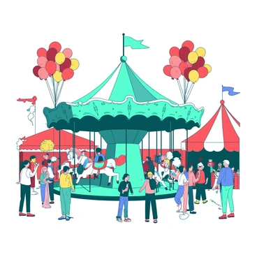 A teal carousel spins joyfully, adorned with intricate designs and bright, colorful horses. Surrounding the carousel, there are clusters of vibrant balloons in shades of red and yellow floating above excited carnival-goers. The carnival ground is filled with lively people, some holding balloon bouquets, while others enjoy cotton candy. Colorful lights illuminate the scene, creating a festive atmosphere at the bustling carnival.