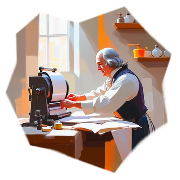 A historical scene featuring Benjamin Franklin, a man with features indicative of the 18th century, operating an old-fashioned printing press. He is dressed in period-appropriate clothing with a frilled white shirt and a dark waistcoat. Franklin is intently focused as he pulls down the printing press lever, with sheets of freshly printed paper visible nearby. The workshop is filled with wooden shelves lined with ink pots, typesetting trays, and various tools of the trade. Light streams in through a small window, illuminating the workspace and casting soft shadows across the room. The atmosphere conveys a sense of industriousness and creativity.