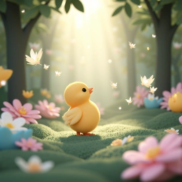 A small yellow chick, with fluffy feathers and bright eyes, is standing on a bed of soft green moss in an enchanted forest. Surrounding the chick are several tiny fairies, each with delicate, translucent wings that shimmer with a soft glow. The fairies are floating in the air, casting a warm light that illuminates the surrounding trees. The forest is filled with vibrant, oversized flowers in various colors, and there are gentle beams of light filtering through the dense canopy above. The atmosphere is lively as the chick curiously looks up at the playful fairies dancing around it.