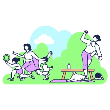 A family is exercising together in a park. In the foreground, a parent is performing dips on a wooden bench, showcasing strong arms and focus. Nearby, two children are playing with a green frisbee, running and laughing. On the grass, there is a yoga mat spread out with a bottle of water resting on it. A dog is lying next to the mat, watching the kids play. In the background, trees provide shade, and there is a clear blue sky above.