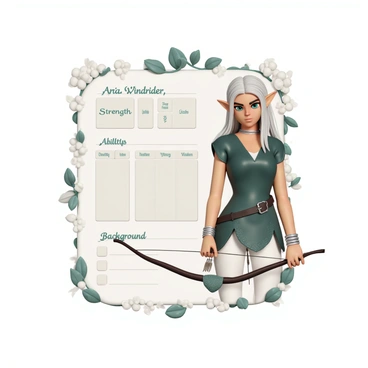 A detailed character sheet layout for a tabletop game, featuring "Name: Aria Windrider". The character is a female elf with long, flowing silver hair and bright green eyes. She is wearing a form-fitting, dark green leather tunic adorned with intricate leaf patterns, and her arms are decorated with silver bangles. Her ears are pointed, typical of elven features, and she holds a beautifully crafted bow in one hand, with a quiver of arrows slung across her back. The character sheet includes sections for "Stats", "Abilities", and "Background", with clear, bold headings. The stats are displayed in neatly arranged boxes showing "Strength", "Dexterity", "Intelligence", and "Wisdom". Each box is labeled with elegant, scrolling fonts. The artwork of Aria is vividly illustrated next to the stats, showcasing her fierce expression and the details of her attire. The entire design of the character sheet is bordered with floral motifs, enhancing the fantasy theme.