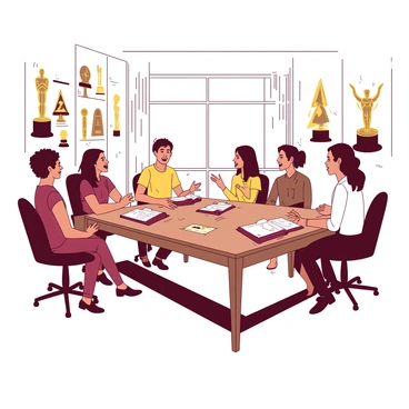 A group of five individuals is sitting around a large wooden table, engaged in a lively discussion about their film project. The team consists of two men and three women, each displaying a variety of expressive gestures as they share ideas. On the table, there are several stacked folders filled with scripts and notes. Surrounding the table are multiple Oscar nomination plaques displayed prominently on the walls, gleaming with golden accents. A large window behind them lets in soft natural light, creating a bright yet focused atmosphere. Each team member has a distinct style, reflecting their individual personalities as they collaborate on their creative vision.