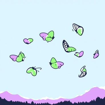 A swarm of "papillon butterflies" is flying gracefully across "a clear blue sky." The butterflies display their distinctive features, with their unique markings and vibrant wings fully extended. Some butterflies are in a tight formation, while others are scattered, giving a sense of movement and migration. Below the swarm, "the horizon line" is visible, possibly showing silhouettes of trees or hills, enhancing the feeling of vastness in the scene. As the butterflies flutter, their delicate forms contrast distinctly against the backdrop of the "clear blue sky."