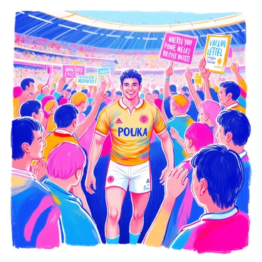 A rugby player in a team jersey is standing in the center of a vibrant crowd. The player is smiling and engaging with enthusiastic fans who are wearing various team jerseys. Some fans are holding colorful signs with messages of support. The atmosphere is lively, with fans cheering and waving their arms. The background shows a stadium filled with spectators, creating an energetic environment.