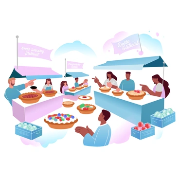 A vibrant pie festival is taking place in a sunny outdoor setting. Multiple stalls are arranged in a lively manner, each showcasing an array of colorful pies in various sizes and flavors. Some pies are topped with shiny glazes and fresh fruits, while others display golden crusts. People of diverse backgrounds are seen sampling the pies, holding small plates and forks. A few individuals are engaged in enthusiastic conversations, pointing towards the pies they enjoy. Decorative banners flutter in the breeze, adding to the festive atmosphere. Several crates filled with fresh ingredients like apples and berries are visible near the stalls, emphasizing the freshness of the pies.