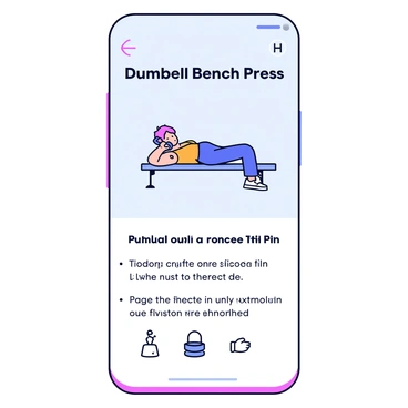 A digital illustration of a fitness app screen displaying a tutorial for the "dumbbell bench press" exercise. The screen features clear, large text labeling the exercise with the title "Dumbbell Bench Press". Below the title, there is an image illustrating the proper posture, showing a person lying on a bench, holding a dumbbell in each hand at shoulder level. The background of the screen is a simple light color to enhance readability. At the bottom of the screen, there are step-by-step instructions in bullet points explaining how to perform the exercise correctly. Icons representing the key tips are placed next to the instructions.