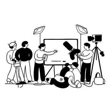 A film crew gathered around a large monitor on set, with a director pointing at the screen. The director holds a clipboard in one hand, while members of the crew, including a camera operator and a sound technician, are focused on the monitor. Equipment such as tripods and microphones is scattered around the set. Cables and lighting equipment are visible in the background, adding to the busy atmosphere of the film production. The scene conveys a sense of collaboration and concentration among the team.