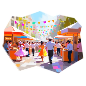 A lively digital illustration of a street festival with performers, food stalls, and decorations celebrating diversity.