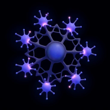 A 3D render of interconnected neurons forming a complex network. The neurons are depicted with detailed, branching dendrites and long axons, all glowing in shades of blue and purple. Each neuron connects to others with synapse points that emit small sparks of light, highlighting the connections. The background is dark to enhance the vibrancy of the neural network, making the structure appear dynamic and alive.
