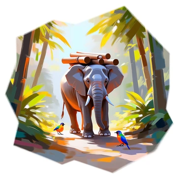 An elephant with large ears and a long trunk is seen walking through a dense tropical forest. Its grey skin is textured with wrinkles, and it is skillfully balancing several large logs on its back. The forest is lush with vibrant green foliage, towering trees, and various tropical plants. Sunlight filters through the canopy, creating dappled light on the forest floor, which is covered with fallen leaves and small bushes. The elephant's footsteps disturb a few colorful birds perched nearby, and the sounds of the forest create a lively atmosphere.