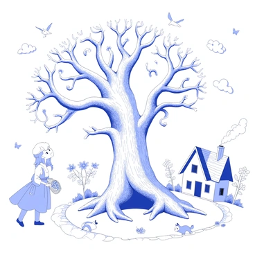 A whimsical storybook scene is depicted with a large, ancient tree at the center, its twisting branches reaching outwards. Beneath the tree, there are small woodland creatures, including a rabbit with large ears and a fox with a bushy tail. To the left, a little girl in a flowing dress is holding a basket filled with flowers. She has an inquisitive expression as she gazes upwards. In the background, a quaint cottage is nestled among the trees, with smoke curling from its chimney. The sky above is dotted with fluffy clouds and birds in flight, all intricately detailed. The entire scene is filled with engraving-like textures, showcasing each character and element with precision.