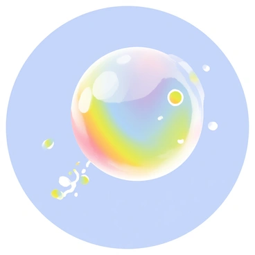A large soap bubble floating in the air is about to pop. The bubble features a shiny surface displaying vibrant rainbow colors, creating a spectrum of blues, greens, yellows, and reds. Small droplets of water are beginning to scatter around the bubble as it bursts, capturing the vivid reflections. The background is a clear blue sky, providing a stark contrast to the colorful spectacle of the bubble.