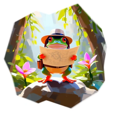 A small green frog wearing a Victorian explorer's hat and a leather satchel is standing on a mossy rock, holding a detailed map with both front legs. The dense jungle surrounds him, filled with lush green foliage and towering trees. Vines hang from the branches, and colorful tropical flowers peek through the undergrowth. The sunlight filters through the canopy, casting dappled light patterns on the forest floor. The frog has an adventurous expression, as if he is determined to navigate through the wilderness.