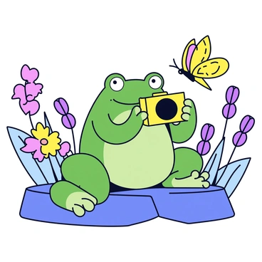 A green frog with glossy skin is sitting on a rock. The frog is holding a small, bright yellow camera with both of its front webbed feet. In the background, there are colorful flowers and tall grass, showcasing the beauty of nature. The frog is focused on a vibrant butterfly that has landed nearby, ready to take a photograph. Sunlight filters through the leaves, creating soft shadows around the scene.