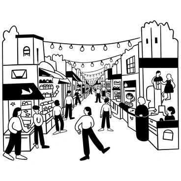 A black-and-white illustration of a vibrant street market filled with numerous vendors and shoppers. Stalls are displaying a variety of goods, including fruits, vegetables, textiles, and other merchandise. Shoppers are interacting with the vendors, some are examining products while others are making purchases. The market is lively, with people of different ages and clothing styles present. Overhead, strings of lights are hanging, adding to the atmosphere. In the background, buildings and trees can be seen framing the market scene.