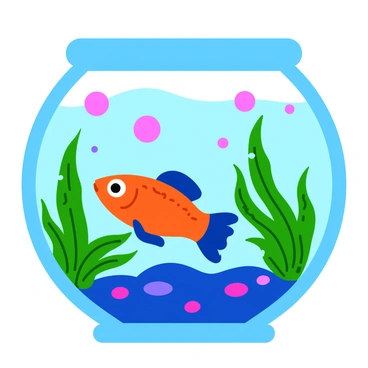 A vibrant guppy with bright orange and blue scales is swimming gracefully in a clear aquarium. The fish is positioned near the center of the tank. Surrounding the guppy, soft, colorful lights cast a warm glow in shades of purple, green, and pink, creating a magical atmosphere. Various aquatic plants with green fronds and textured leaves provide a lush backdrop, while small pebbles cover the bottom of the tank, adding detail to the scene.
