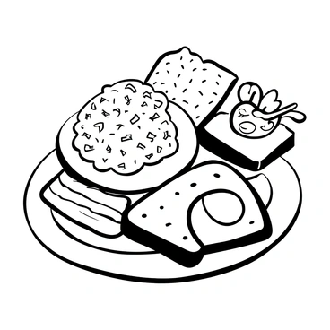 A neatly arranged breakfast plate featuring a generous serving of "scrambled eggs" topped with finely chopped "chives". The plate is round and white, and it sits on a textured tablecloth. Next to the eggs, there is a portion of golden "crispy bacon" and a few slices of "toast" with a pat of butter melting on top. A small dish holds a serving of "fruit salad" garnished with a sprig of mint. The entire composition is inviting and appetizing.