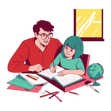 A red tutor with glasses leans over a colorful desk, pointing at a notebook filled with scribbles. The tutor has a warm smile, encouraging a teal-haired student sitting across from them. The student looks inspired, with wide eyes, writing eagerly in a teal notebook. Scattered around the desk are various colorful pens and a small globe, adding to the vibrant atmosphere. Sunlight streams through a nearby window, illuminating the scene with a sense of creativity.