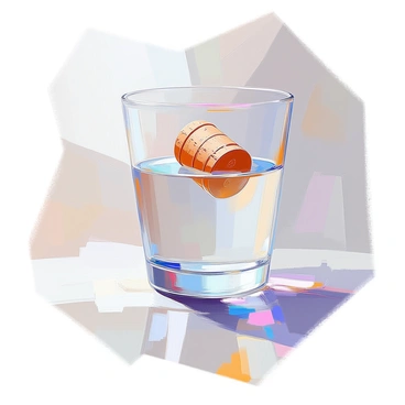 A detailed close-up of a cork bobbing gently on the surface of a clear glass of water. The glass is filled with transparent water, reflecting soft light. The cork is light brown, with textured circular patterns visible on its surface. Tiny ripples spread outward from the point where the cork touches the water, creating a delicate interaction between the cork and the liquid. Clear reflections of the cork and surrounding light can be seen on the water's surface, enhancing the visual clarity of the scene.