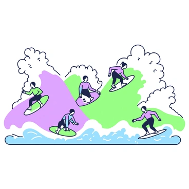 An ocean scene with three prominent waves crashing against each other. The waves are dynamic, showcasing foamy crests and powerful swells. In the foreground, five surfers are actively riding the waves. Each surfer is positioned at different heights on the waves, demonstrating their skill and balance. The surfers are wearing colorful wetsuits, and their boards are in various colors as they maneuver through the water, each focused on the ride. The ocean is churning, with splashes of water highlighting the movement and energy of the scene.