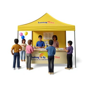 A Sanchay Plus booth set up at a community fair, featuring a bright yellow canopy with a large banner displaying the logo. The booth is equipped with a table covered in brochures and pamphlets that provide information on financial advice services. There are two friendly advisors, one with short black hair wearing a blue polo shirt and the other with long brown hair in a bun, both smiling and engaging with visitors. A few people are gathered around the booth, actively discussing their financial questions. Colorful decorations and balloons in the background enhance the lively atmosphere of the fair.