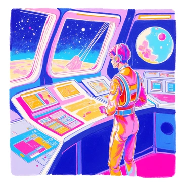 A retro-futuristic space commander is standing in a control room, gazing intently at a large illuminated star map displayed on a sleek, curved console. The commander wears a shiny metallic uniform with bold geometric patterns and has a headset with a microphone on. Surrounding the commander are various control panels filled with colorful buttons and blinking lights. The walls of the control room are adorned with large windows, revealing a view of distant galaxies and stars outside. A holographic display projects additional data above the console, reflecting on the commander’s focused expression.