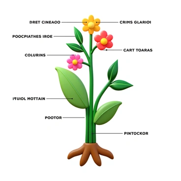 A flowering plant with intricate details, showcasing its leaves, petals, stem, and roots. Each part is clearly labeled with precise, legible text. The flowers are fully opened, displaying vibrant colors, while the leaves exhibit varied shades of green. The stem is depicted in a robust manner, demonstrating texture. The roots are visible beneath the surface, illustrating their spread. The overall composition is arranged to highlight the botanical features in a clear and informative manner.