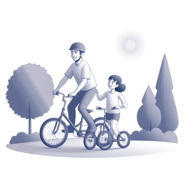 A father and his young daughter riding bicycles together. The father is positioned slightly ahead, wearing a helmet and smiling as he pedals along a pathway. The daughter, riding a smaller bicycle with training wheels, focuses intently on keeping up. They are surrounded by lush trees and greenery, and the sun is shining brightly in the clear sky above. The scene captures the joyful interaction between father and daughter as they enjoy their day outdoors.