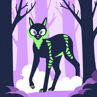 A mythical creature with sleek, dark fur is emerging from the shadows of a foggy forest, surrounded by tall, thin trees. Its large, piercing eyes reflect a mysterious glow as it steps forward, revealing elongated limbs and intricate markings along its body. The creature's ears are pointed and alert, standing high atop its head. Wisps of fog curl around its feet, adding to the enigmatic atmosphere. In the background, faint silhouettes of gnarled branches intertwine against a dimly lit sky, enhancing the sense of the creature's haunting presence.