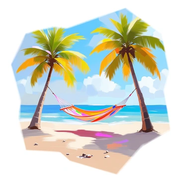 A flat design illustration depicting a tropical beach scene. The sandy beach stretches across the foreground, dotted with small seashells. Tall, green palm trees sway gently in the breeze, their fronds creating dappled shadows on the ground. A colorful hammock is strung between two palm trees, gently swaying, inviting relaxation. In the background, the ocean sparkles under a bright blue sky, with a few fluffy white clouds drifting lazily. The overall atmosphere suggests a peaceful day by the sea.