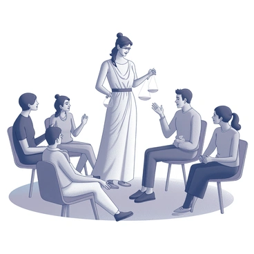 A figure representing "Themis," the goddess of justice, stands in a community meeting setting. She has a blindfold over her eyes, symbolizing impartiality. Surrounding her are diverse individuals from the community, each expressing their thoughts passionately. One person is raising their hand, another is leaning forward to speak, and a third is taking notes. The atmosphere is filled with engaged expressions and animated gestures, showcasing a lively discussion about justice. "Themis" holds a set of balanced scales in one hand, signifying her role in weighing different perspectives.