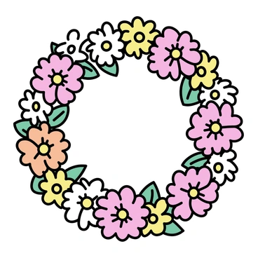 A circular wreath composed of vibrant ranunculus flowers in assorted colors, including shades of pink, orange, yellow, and white. The flowers are arranged densely, showcasing their layered petals and varied hues. Green leaves are interspersed among the flowers, adding texture and contrast. The entire composition is symmetrical, emphasizing the round shape of the wreath.