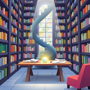 A grand library features towering shelves filled with ancient tomes, each with intricately designed spines. The wooden shelves are dark-stained, and some are adorned with ornate carvings. In the center, a large wooden table serves as a workspace, scattered with open books and glowing magical artifacts. A shimmering orb emits a soft light, illuminating the dusty air. A large, stained glass window casts colorful patterns on the stone floor, while a spiral staircase leads to a higher level filled with more books and artifacts. A plush, red velvet armchair is placed near the table, inviting quiet reflection and study.