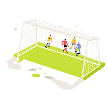 A soccer goal with a white net standing on a green field, partially covered in white snow. The snow gathers on the top crossbar and the posts, creating a frosty appearance. In the background, players wearing colorful jerseys are engaged in a match, with a few snowflakes gently falling from the gray sky. The ground shows patches of grass peeking through the snow, and footprints from the players lead up to the goal area.