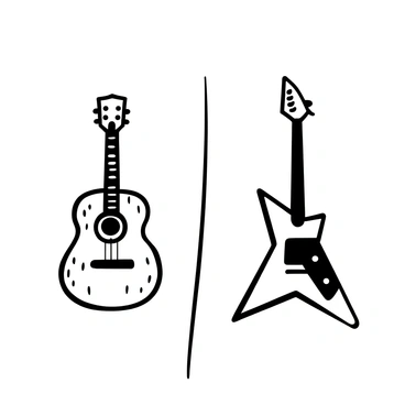 A black-and-white illustration of a musical instrument, dividing the image down the middle. On the left side, there is a traditional acoustic guitar, featuring detailed wood grain patterns and gently curved body lines. On the right side, a modern electric guitar, showcasing sharp angles and a sleek body design, with visible pick-ups and a whammy bar. The background is minimal to focus on the contrasting designs of the two guitars.