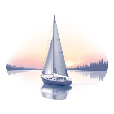 A sailboat is positioned in the center of a calm lake. The sail is fully extended, catching a gentle breeze as the boat glides across the water. The surface of the lake reflects the shapes of the sail and the surrounding landscape. In the background, a horizon line separates the lake from the sky, where the atmosphere is filled with soft "orange" and "pink" hues as the sun sets. Silhouettes of distant trees are visible along the shoreline, enhancing the tranquil scene.