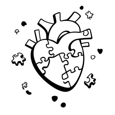A human heart composed of puzzle pieces interlocking together, with various shapes and designs on each piece. The puzzle pieces vary in size and fit seamlessly to form the overall shape of the heart. The heart is centered in the frame, surrounded by additional scattered puzzle pieces, emphasizing its complexity and connection. The overall composition highlights the interdependent nature of the pieces that create a cohesive whole.