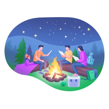 Campers sharing stories around a glowing campfire under a starry sky