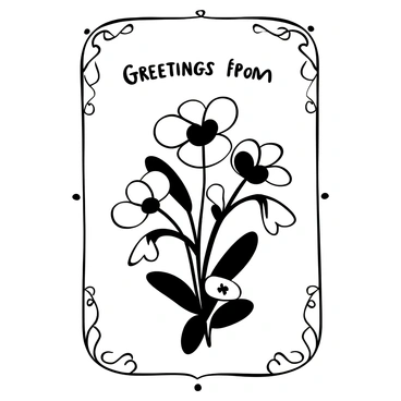 A vintage-style postcard with the words "Greetings from" displayed at the top. In the center, there is an illustrated bouquet of pansies with various shapes and sizes, arranged elegantly. The bouquet features several overlapping leaves and stems. The background has subtle decorative elements to enhance the vintage feel, such as ornate borders and delicate patterns. The overall composition is balanced and harmonious, showcasing the beauty of the pansies prominently.